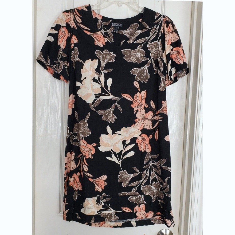 Nicole Miller Original Floral Linen Blend Sleeve Dress Small Black Pleated Sm